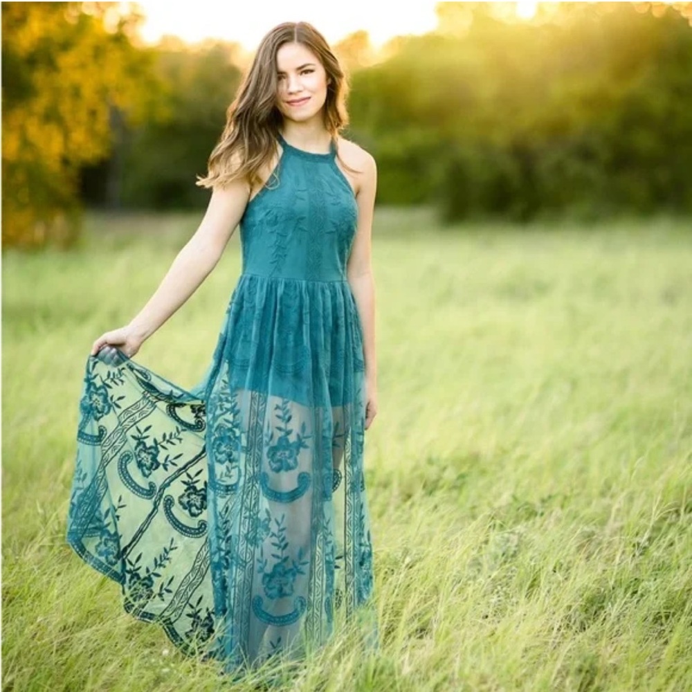 NEW Lily Rain Lace Boho Maxi Dress Romper Teal Tank Sz XS/S